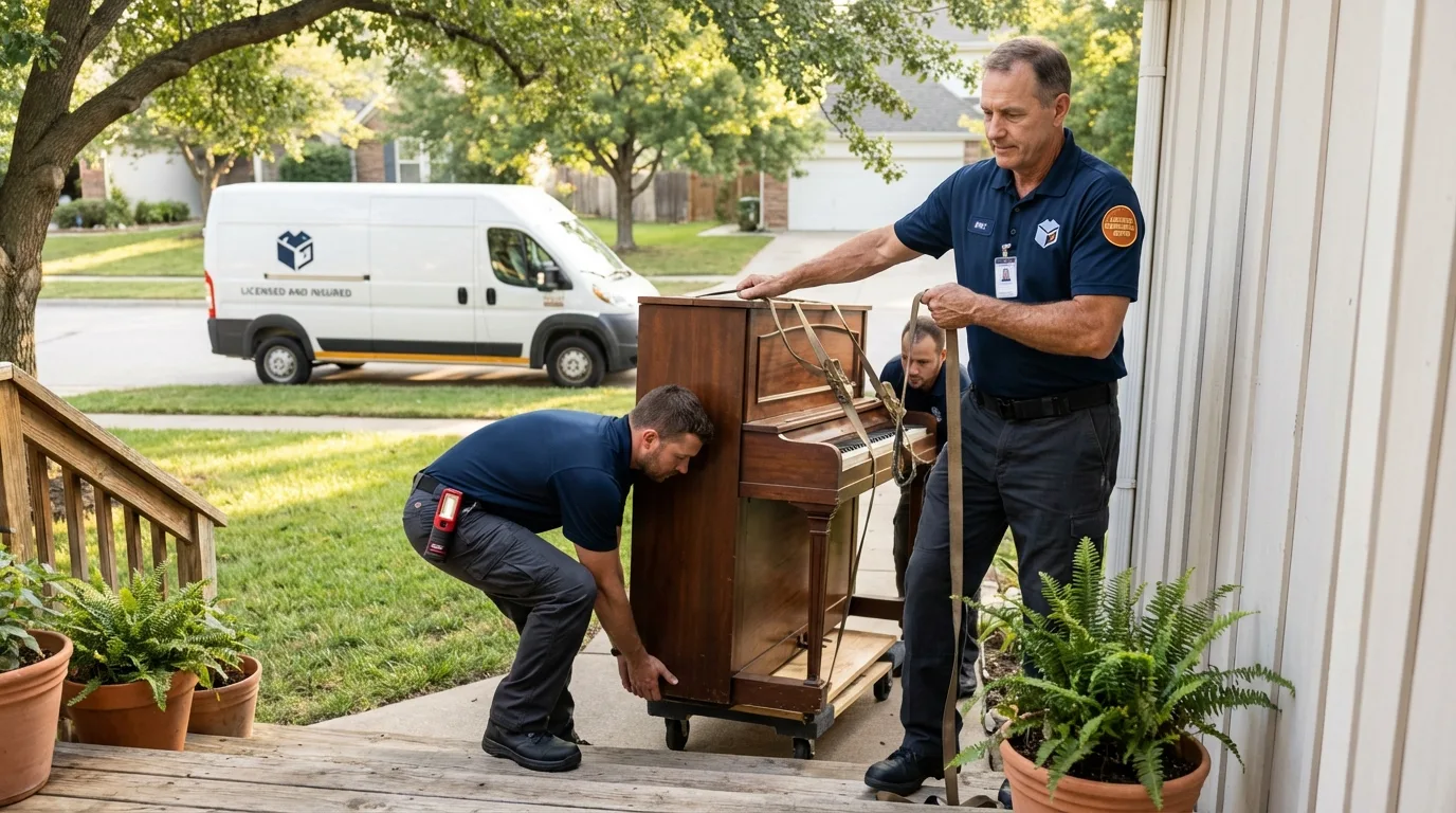 Licensed piano movers securing grand piano in Safford, AZ