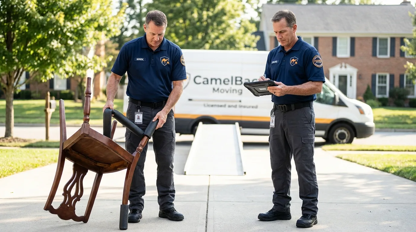 Movers inspecting furniture for damage prevention before loading in Safford, AZ