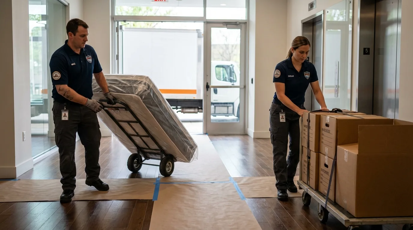 Professional apartment movers loading elevator in Safford, AZ
